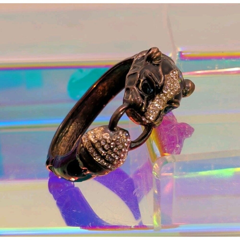 Vintage Black Enamel Jeweled Elephant Hinged Clamper Bangle Bracelet